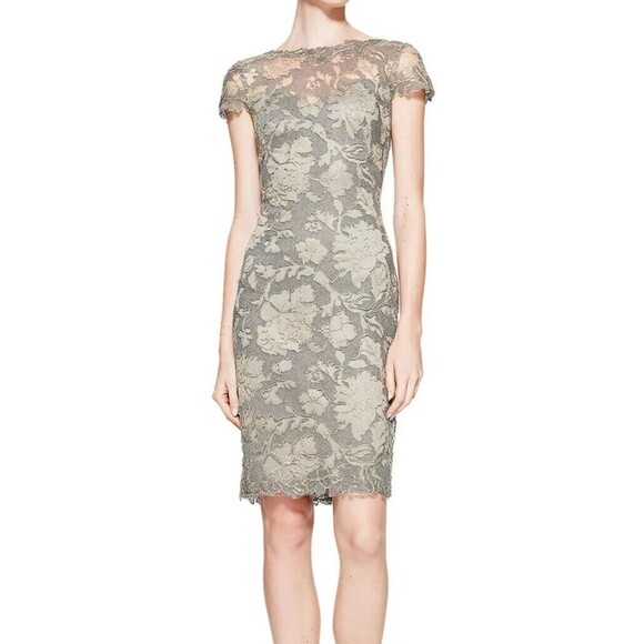 Tadashi Shoji Shift Dress 10 Gray Gold Beaded Lace Illusion Neckline Cocktail
